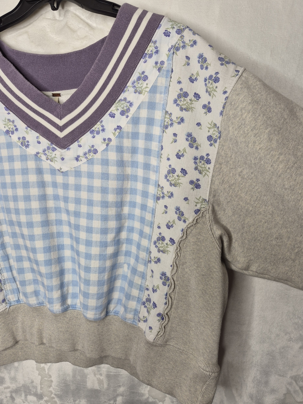 Free People Lucy Patchwork Gingham Floral Varsity V-Neck Sweatshirt Medium - Picture 7 of 15